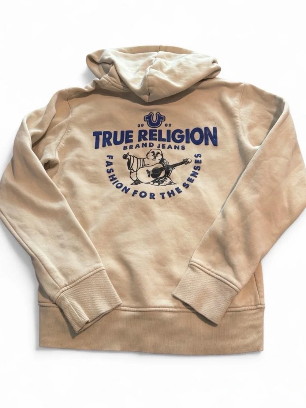 True Religion Men's Cream Hoodie with Navy Logo